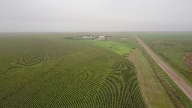 Aerial Forward Shot Of Crops Growing Over Green Landscape Against Sky, Structures Amidst Field - Oakley, Kansas
