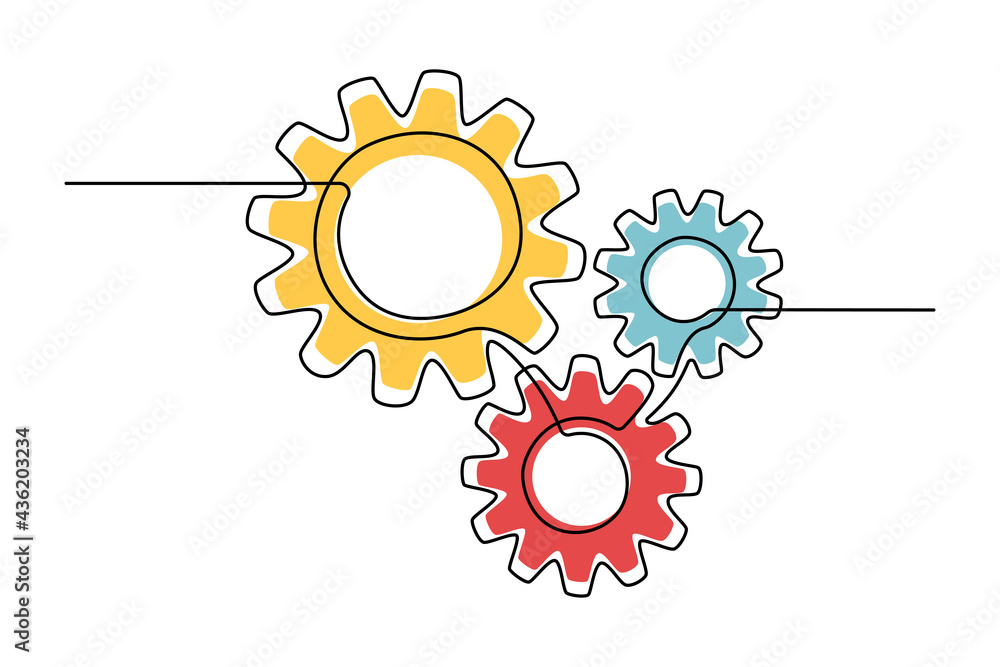 Poster Moving gears wheels in One continuous line drawing. Cogs in simple lineart style. Editable stroke. Concept of business teamwork for logo, emblem, web banner. Colorful doodle vector illustration