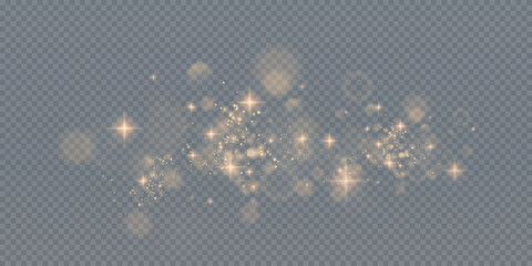 Bokeh light lights effect background. Christmas background of shining dust Christmas glowing golden bokeh confetti and spark overlay texture for your design.