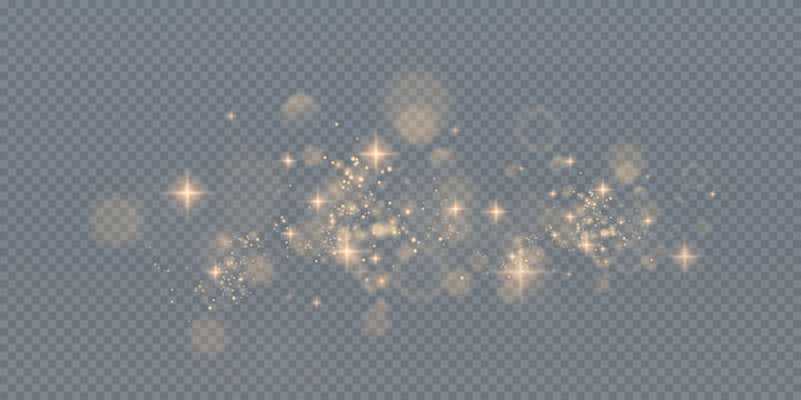 Bokeh light lights effect background. Christmas background of shining dust Christmas glowing golden bokeh confetti and spark overlay texture for your design.
