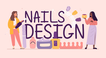 Nail design service typographic header with female characters