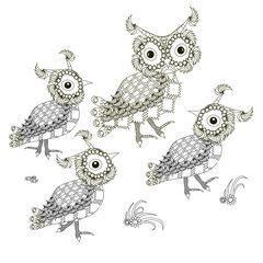 Cartoons monochrome owl family art design stock vector illustration for coloring book, for web, for print