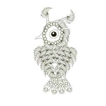 Cartoons monochrome owl backwards art design stock vector illustration for coloring book, for web, for print