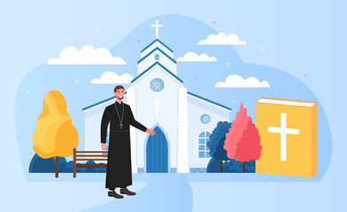 Male priest standing outside big white church - obrazy, fototapety, plakaty