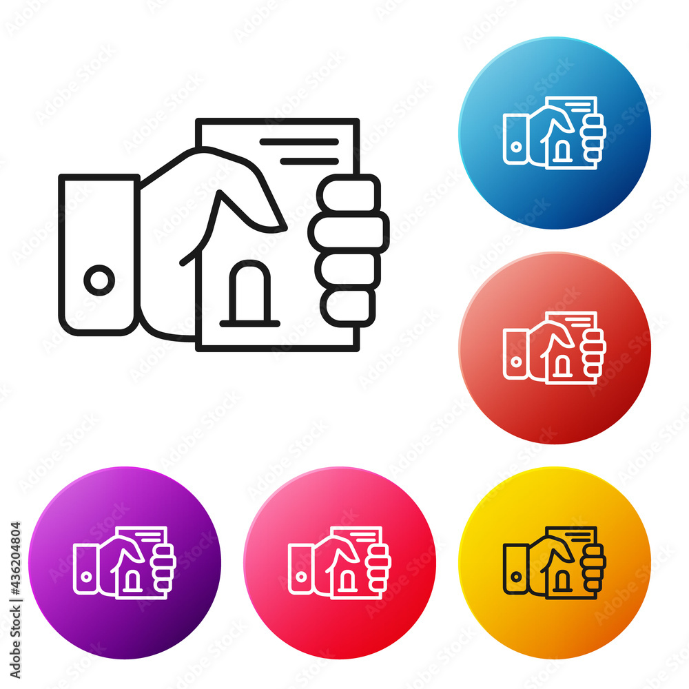 Aufkleber black line death certificate in hand icon isolated on white background. set icons colorful circle bu