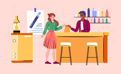 Young smiling female character buying vape in vape shop