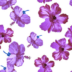 Fototapeta na wymiar Purple Hibiscus Textile. Vanilla Flower Illustration. Lavender Seamless Texture. Pink Vintage Wallpaper. Pattern Jungle. Watercolor Leaves. Tropical Wallpaper.