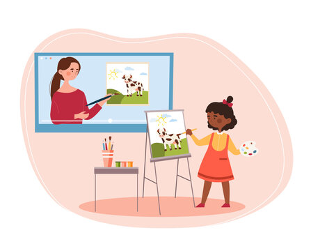 Young cute girl attending online drawing class at home with a female teacher