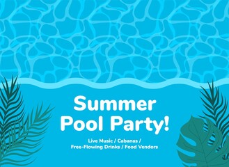 Pool party vector poster, flyer or banner template. Pool or Beach Party Invitation Template Card. Swimming pool event invitation. Beach club holiday poster. Summer time.