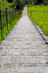 Old stairs made fo paving stones at City of Zurich at springtime. Photo taken May 28th, 2021, Zurich, Switzerland.