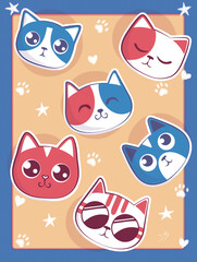 Cute cats expressions in orange background