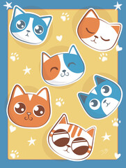 Cute cats expressions in yellow background