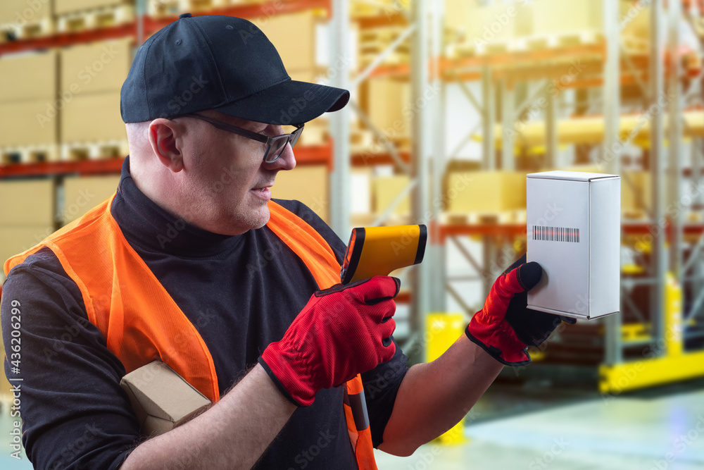 Poster man pointed scanner box. inventory in stock. laser scanner for reading barcodes. auditor registers b