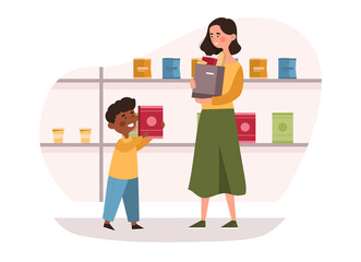 Young mother with little children shopping in a merch store together