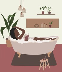 Black woman read book In bathtub wall art. African woman poster. Aesthetic boho vector illustration