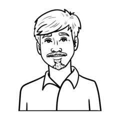 young man with shirt and beard. comic drawing, outline, monochrome.