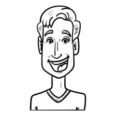 monochrome comic head of a young laughing man. outline, avatar.