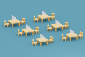 Table and chairs with a partition in study room at school, 3d illustration