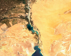 Satellite image of southern part of Suez Canal in Egypt. Contains modified Copernicus Sentinel data 2021. - 436206880