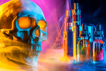 Vape. Man skull next to vaping devices. Vaper devices next to oils. Skull as symbol of danger....