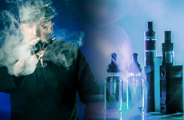 Vape shop. Adult man smokes electronic cigarette. Concept - a man makes a choice in a vape shop....
