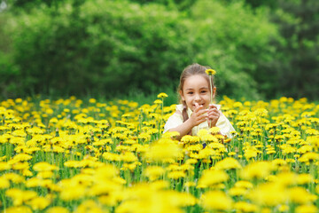 Fototapeta premium A beautiful little girl sits in a field with yellow dandelions and smiles. Walk in the spring in the city park. People of Russia.