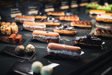 delicious assorted eclairs and sweets on a black table