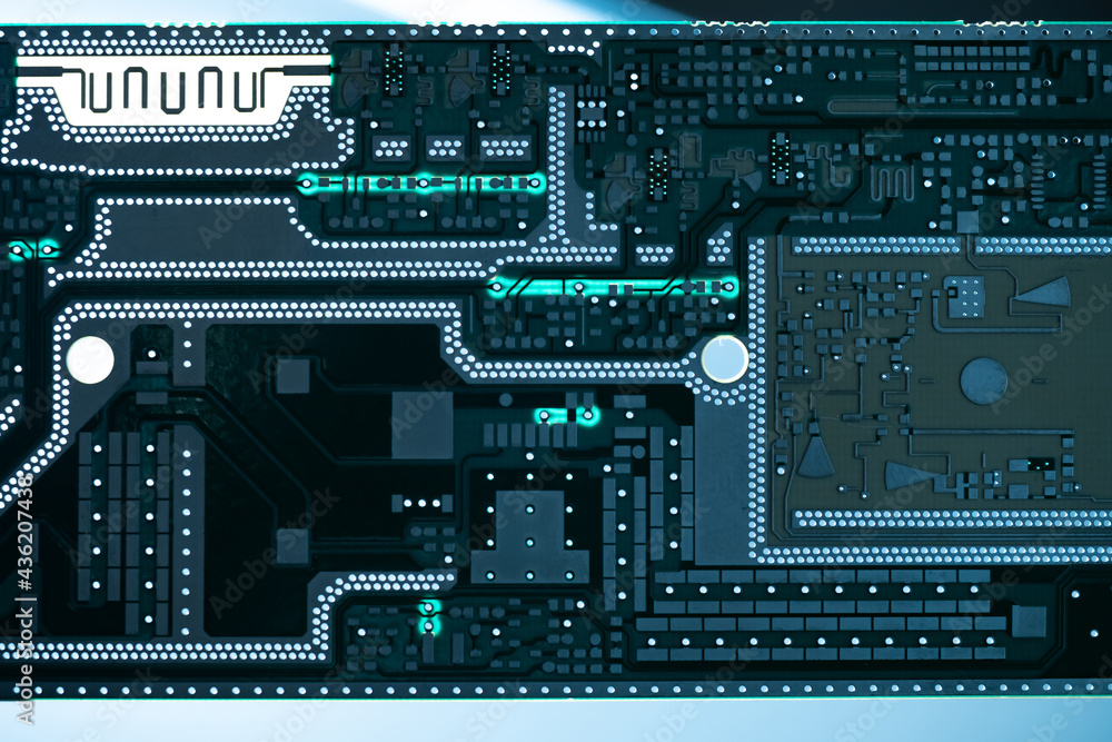Poster circuit board close-up. pcb background. silhouette of a printed circuit board without microprocessor
