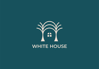 Farm House concept logo. Template with farm landscape. 