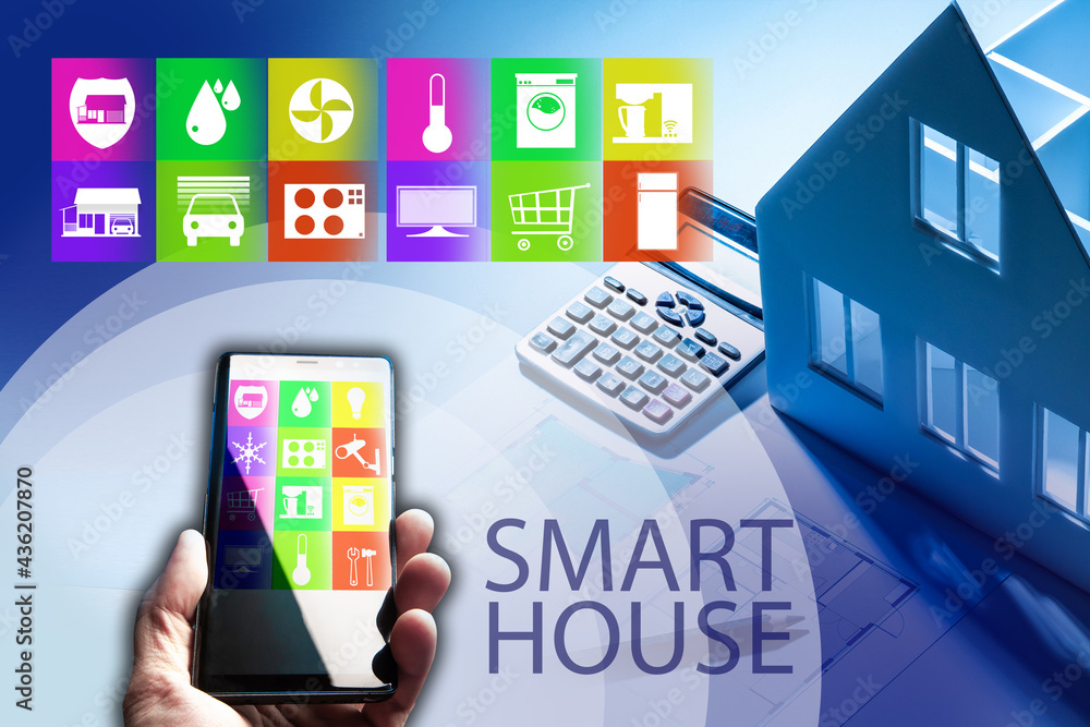 Poster smart house technology. smart house technology application in phone. concept - smart house system de