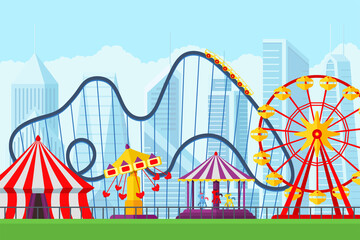 Amusement park with circus carousels roller coaster and attractions entertainment in city. Fun fair and carnival theme landscape. Ferris wheel and merry-go-round festival vector illustration