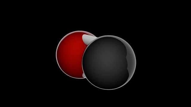 Carbon monoxide (Carbonic oxide, Carbon oxide, Water gas, Flue gas, Hydrocarbonate). Formula CO. 3D render. Seamless loop. Chemical structure model: Ball and Stick. Black background