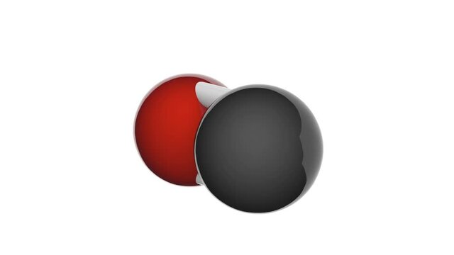 Carbon monoxide (Carbonic oxide, Carbon oxide, Water gas, Flue gas, Hydrocarbonate). Formula CO. 3D render. Seamless loop. Chemical structure model: Ball and Stick. White background