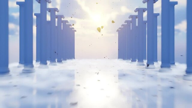 Colonnade of classic ancient blue Tuscan order columns Abstract concept realistic 3D animation rendered in 4K with a sun in the background