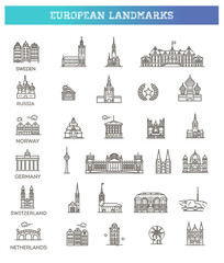 Simple linear Vector icon set representing global tourist european landmarks and travel destinations for vacations. - obrazy, fototapety, plakaty