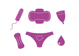 Women's menstrual products icon set vector. Sanitary pad, tampon, cup purple icons isolated on a white background. Female menstrual hygiene tools vector