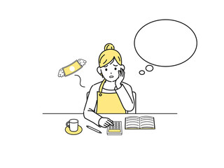 家計簿をつける主婦　赤字　出費　困る　悩む　女性　イラスト素材