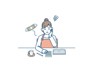 家計簿をつける主婦　赤字　出費　困る　悩む　女性　イラスト素材