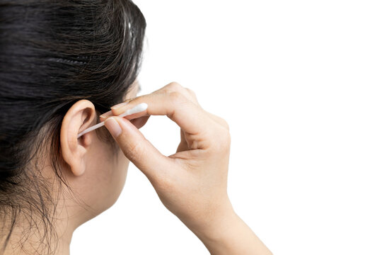 Asian Woman With An Itchy Ears Cleaning,removing The Earwax In Her Auditory Canal,lady Girl Using A Cotton Swab To Clean Her Ear After Taking A Shower,concept Of Perforated Eardrum From Ear Picking