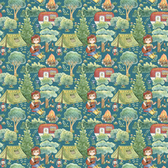 Watercolor seamless pattern with a girl in a forest camping. Contrast hand-drawn background. The red-haired girl sitting by the fire and playing the guitar. Texture for textiles, decoration, fabrics.