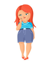 Plus size red hair girl vector illustration. Curvy european female cartoon character wearing t-shirt and denim shorts. Body positive. Plump young woman isolated on white background