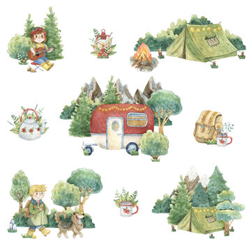 Set of watercolor compositions about camping in the forest. Hand-drawn watercolor clip art with cute girl with guitar, a boy with a dog, tent, trailer, mug, teapot, backpack, lantern, mountains, trees