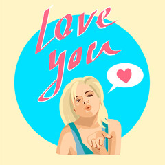 Beatiful blondie woman making air kiss for St. Valentine's Day, isolated vector illustration. Characters portraits in bright colors.