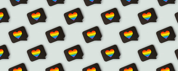 Happy Pride month banner for lgbt rights or social issues event. Colorful rainbow heart in black...