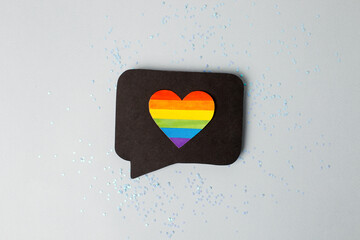 Happy Pride month banner for lgbt rights or social issues event. Colorful rainbow heart  in black social media interaction cloud, symbol for homosexual love, marriage, partnership sex - 436210847