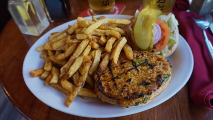 Vegan burger and fries 