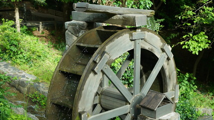 Fototapeta na wymiar Water Wheel on the Park at Sunny Day Spring