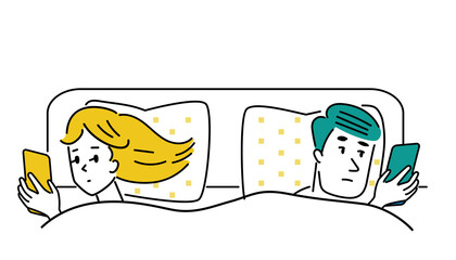 一緒にベットに寝る冷めたカップルのイラスト素材