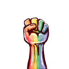 Rised LGBT fist colored in lgbt flag isolated on white background. lgbt month or day poster design template. Fight for your LGBT rights concept vector illustration