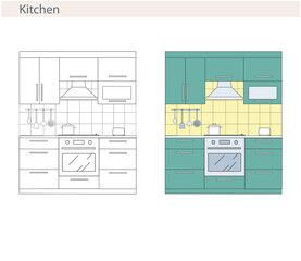 plan of the kitchen with color and outline for posters, decor, magazines.